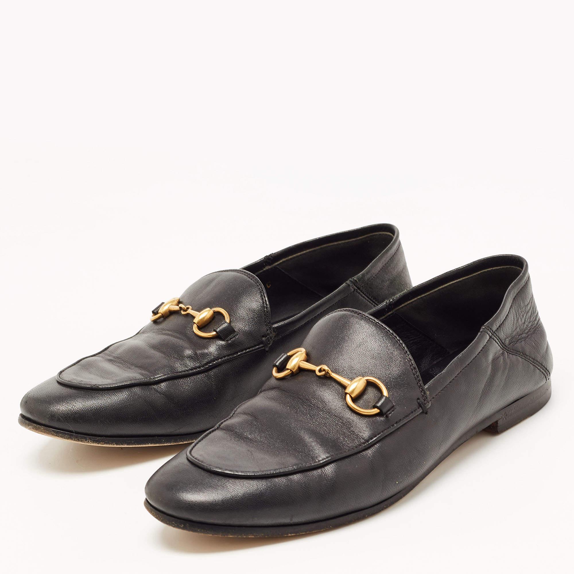 Women's Gucci Black Leather Jordaan Horsebit Slip On Loafers Size 35.5 For Sale