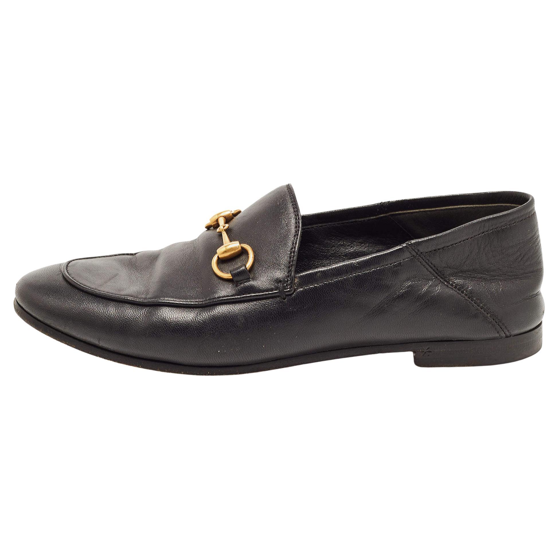 Gucci Black Leather Jordaan Horsebit Slip On Loafers Size 35.5 For Sale