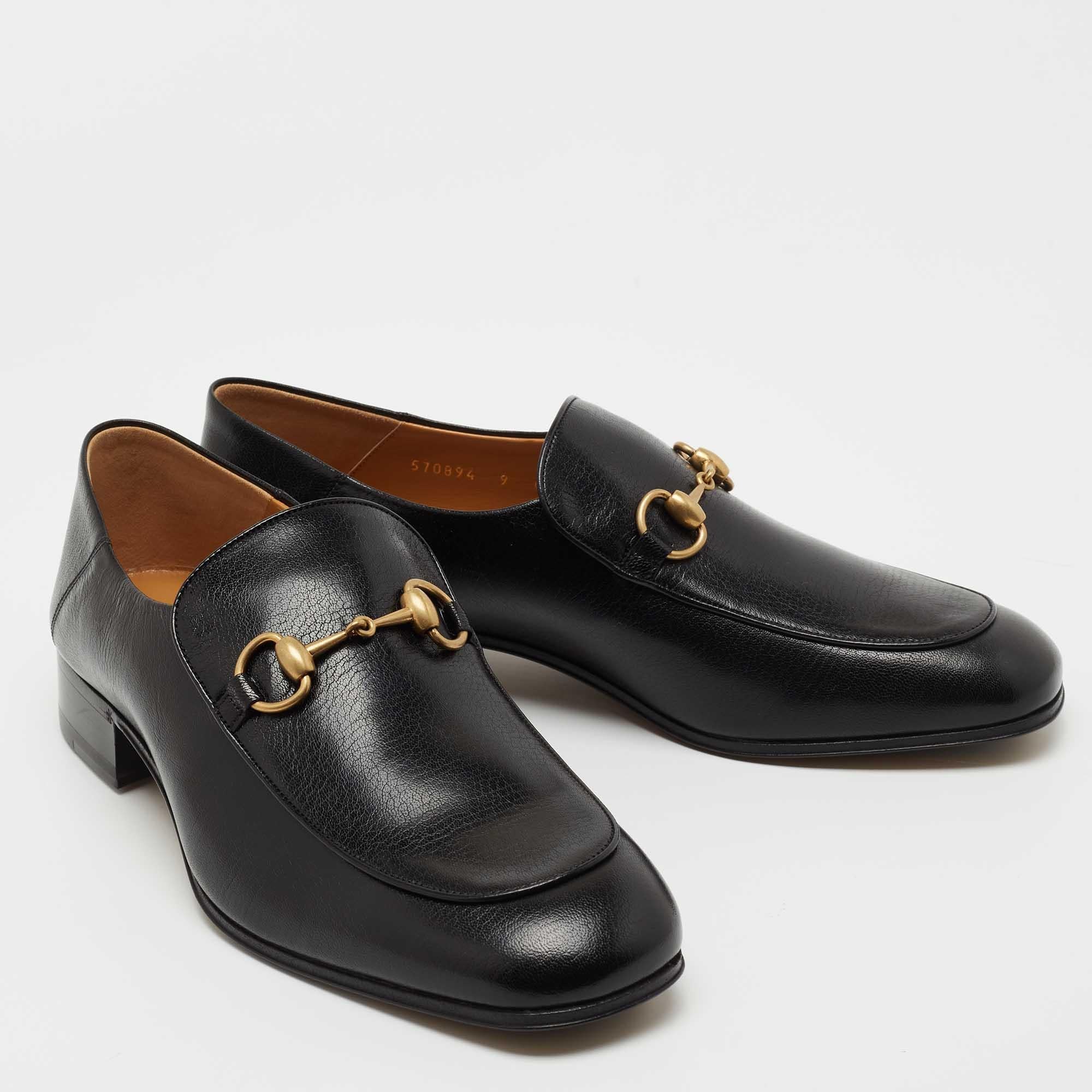 Exquisite and well-crafted, these Gucci loafers are worth owning. They have been crafted from leather and they come flaunting a black shade with Horsebit detailing on the uppers. The loafers are ideal for wearing all day.

Includes
Original Dustbag,