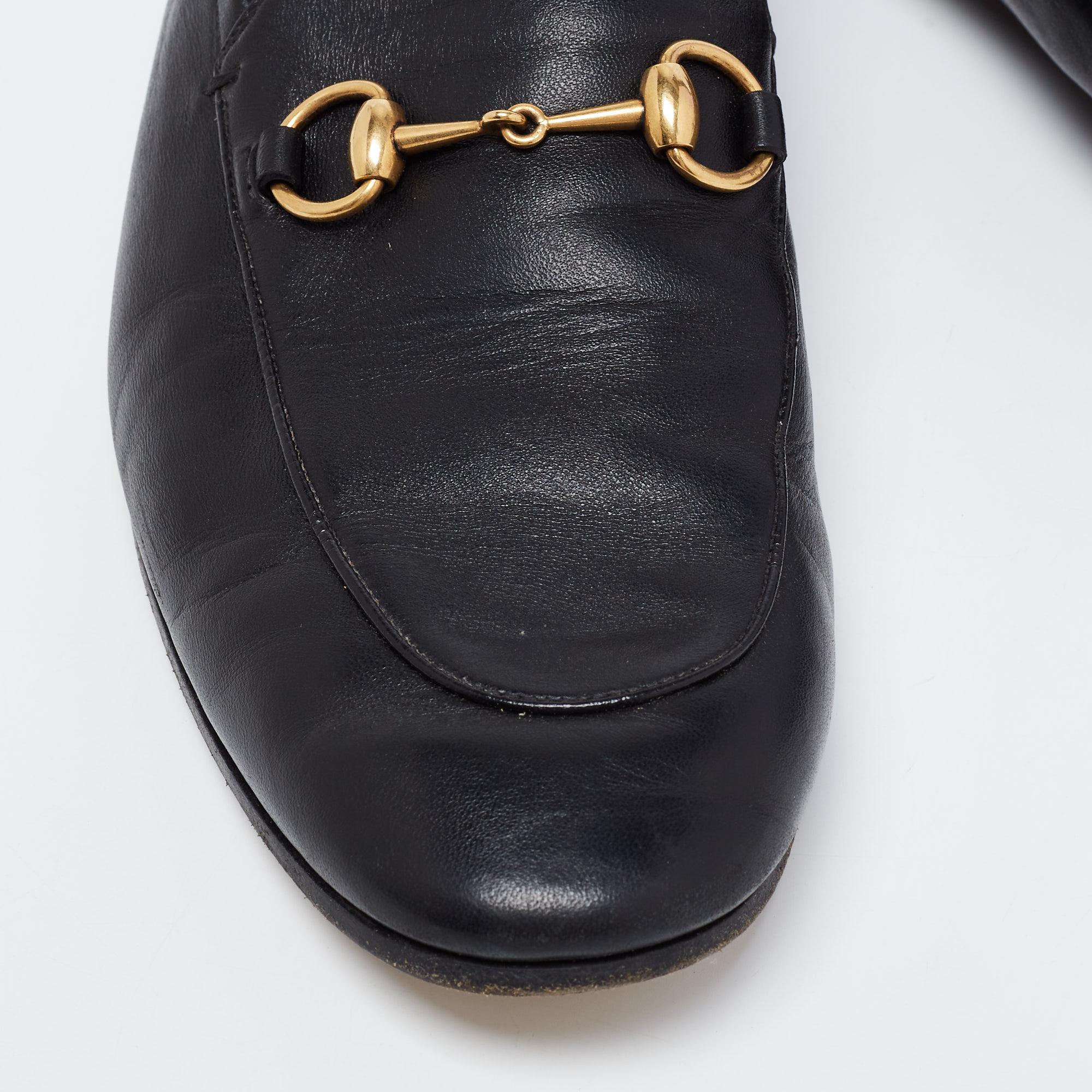 Women's Gucci Black Leather Jordaan Horsebit Slip On Loafers Size 44