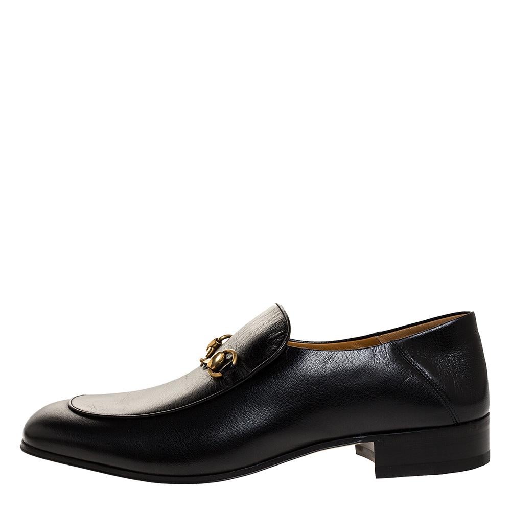 Men's Gucci Black Leather Jordan Horsebit Slip On Loafers Size 44.5