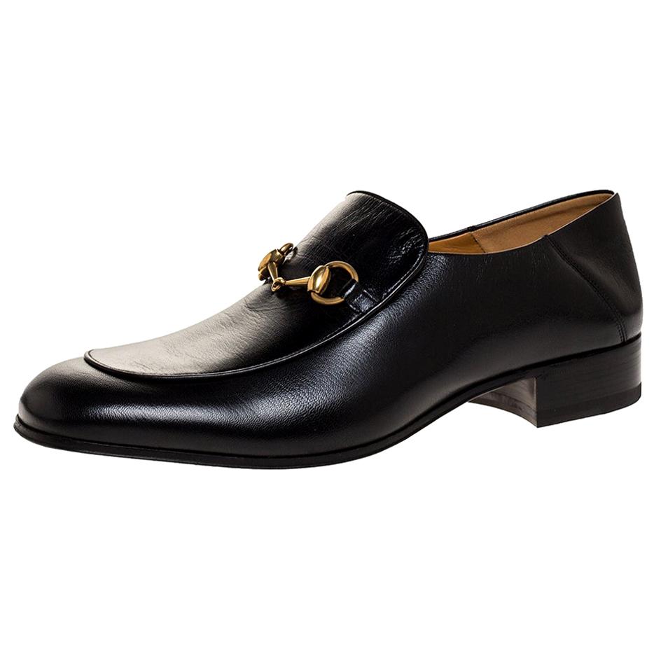Gucci Black Leather Jordan Horsebit Slip On Loafers Size 44.5