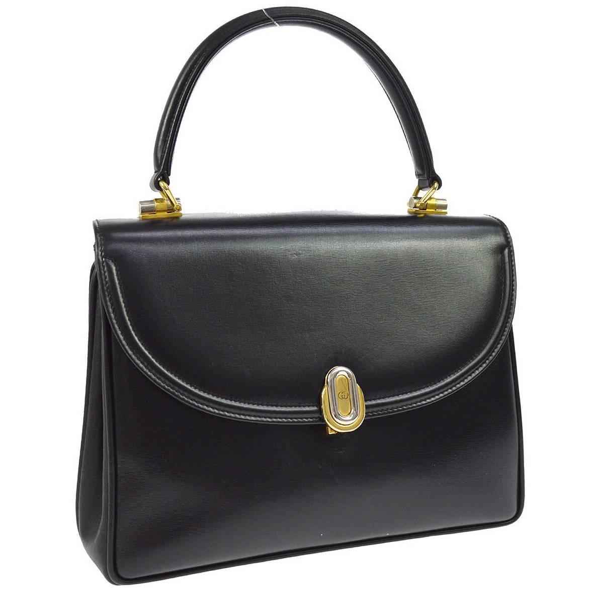 Gucci Black Leather Kelly Style Top Flap Evening Handle Satchel Bag