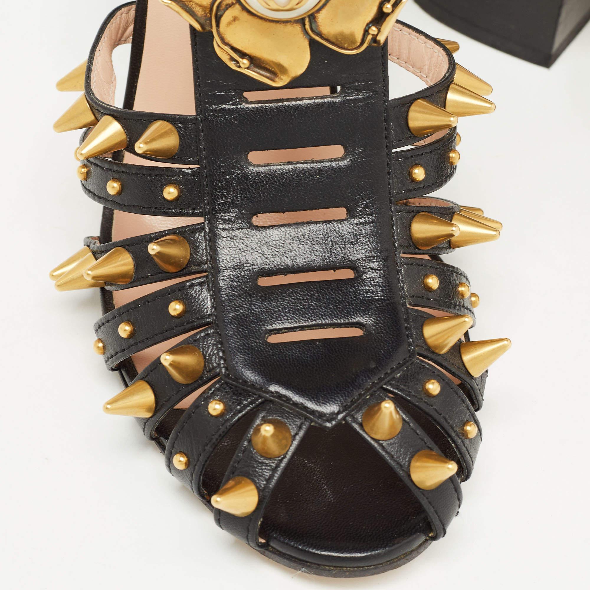 Gucci Black Leather Kendall Embellished Block Heel Ankle Strap Sandals Size 38.5 For Sale 1