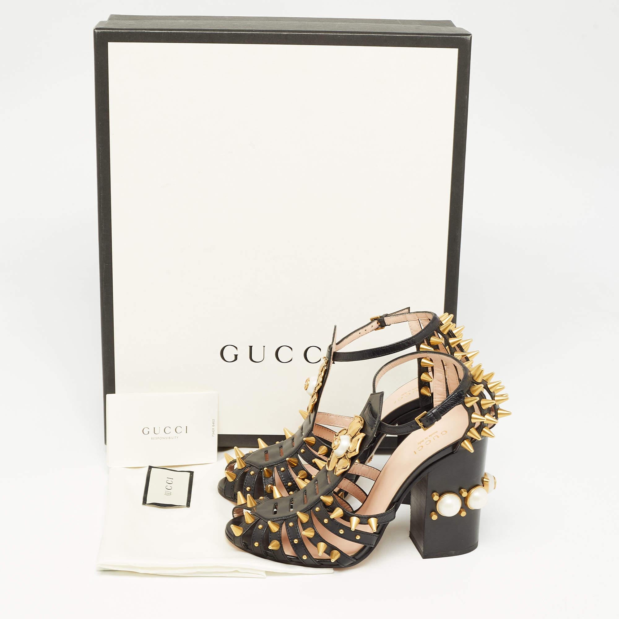 Gucci Black Leather Kendall Embellished Block Heel Ankle Strap Sandals Size 38.5 For Sale 2