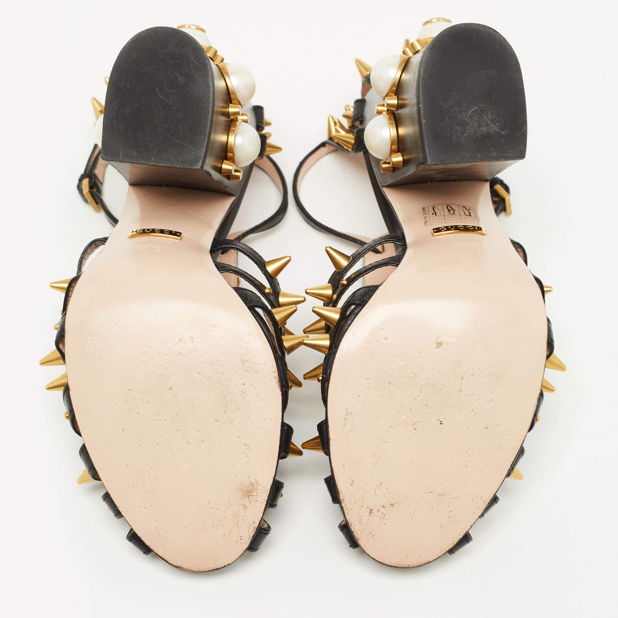 Gucci Black Leather Kendall Embellished Block Heel Ankle Strap Sandals Size 38.5 For Sale 3