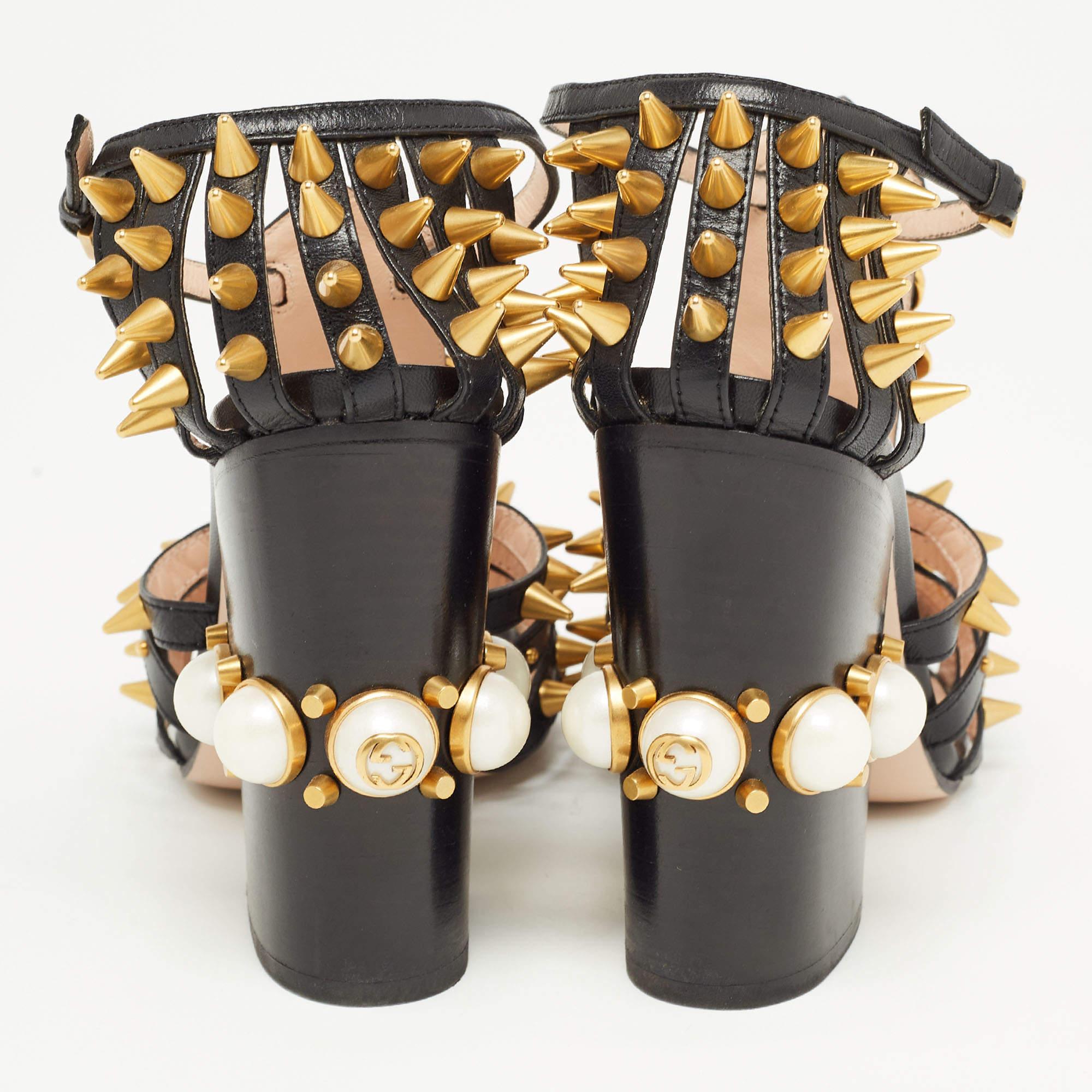 Gucci Black Leather Kendall Embellished Block Heel Ankle Strap Sandals Size 38.5 For Sale 4