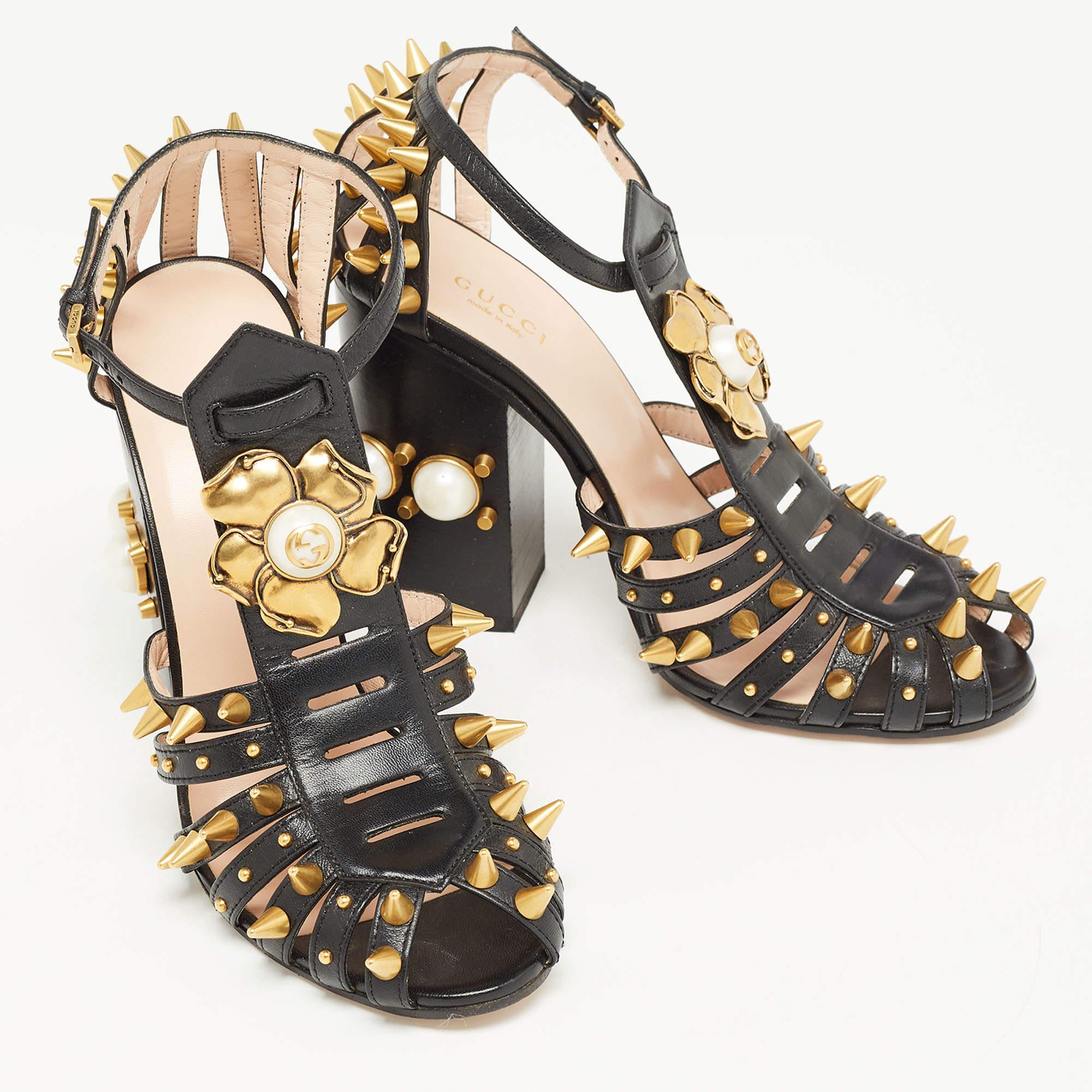 Gucci Black Leather Kendall Embellished Block Heel Ankle Strap Sandals Size 38.5 For Sale 5