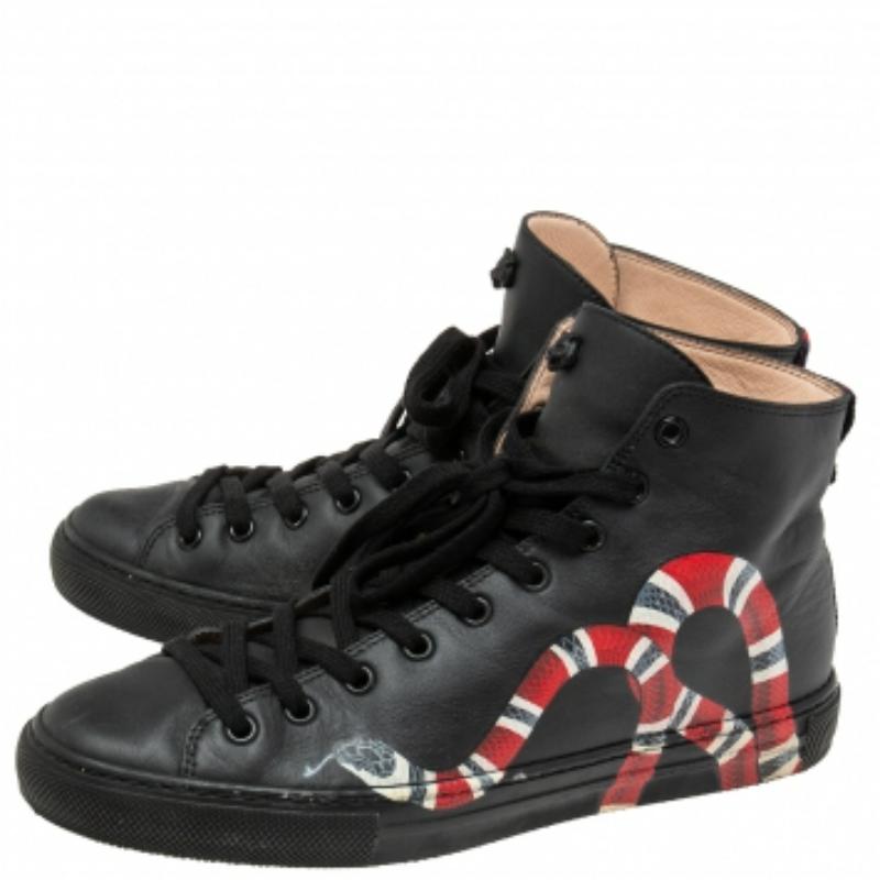Gucci Black Leather Kingsnake High Top Sneakers Size 39 For Sale 5