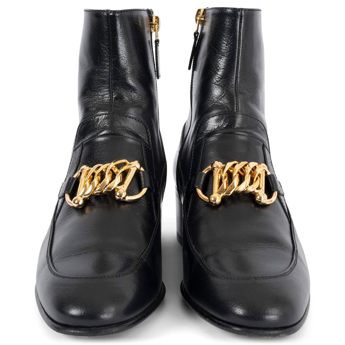 100% authentic Gucci Kitten ankle-boots in black leather embellished with chain horsebit in gold-tone metal and studded heel. Have been worn and are in excellent condition.

Measurements
Imprinted Size	38
Shoe Size	38
Inside Sole	25cm