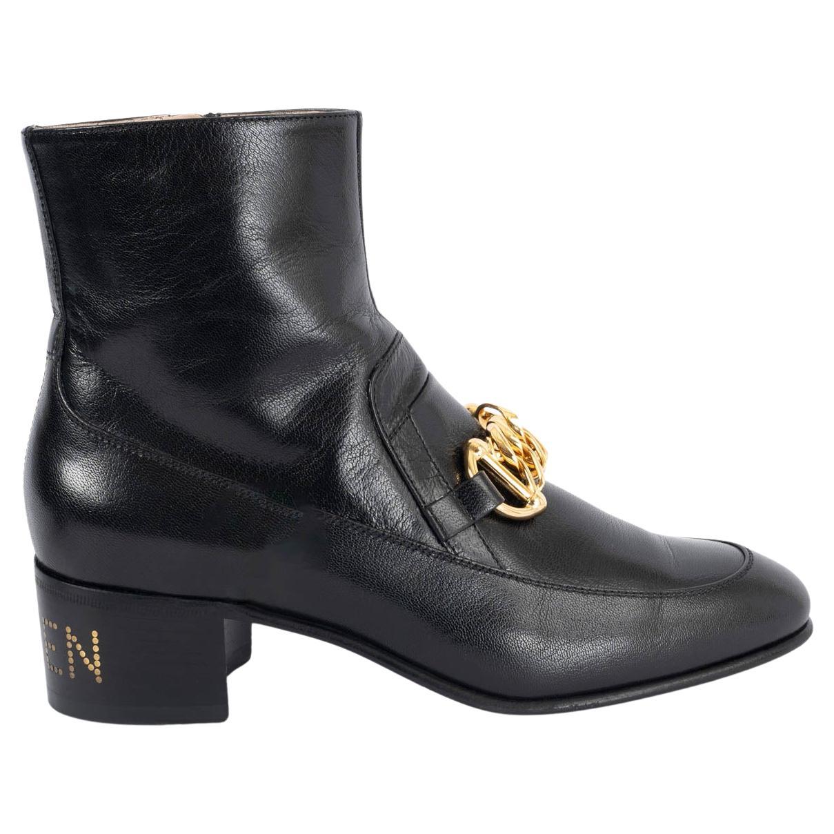 GUCCI black leather KITTEN BLOCK HEEL CHAIN Ankle Boots Shoes 39 For Sale