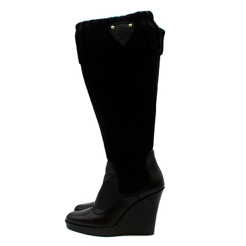 Gucci Black Leather & Knit Wedge Boots - Size EU 37.5 (Estimated)  In Excellent Condition For Sale In London, GB