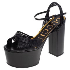 Gucci Black Leather Knotted Platform Ankle Strap Sandals Size 38.5