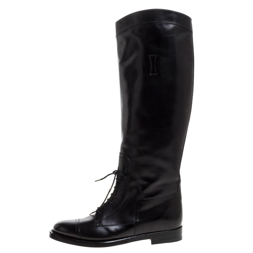 Gucci Black Leather Lace Up Detail 'Boulanger' Equestrian Knee Boots Size 38 3