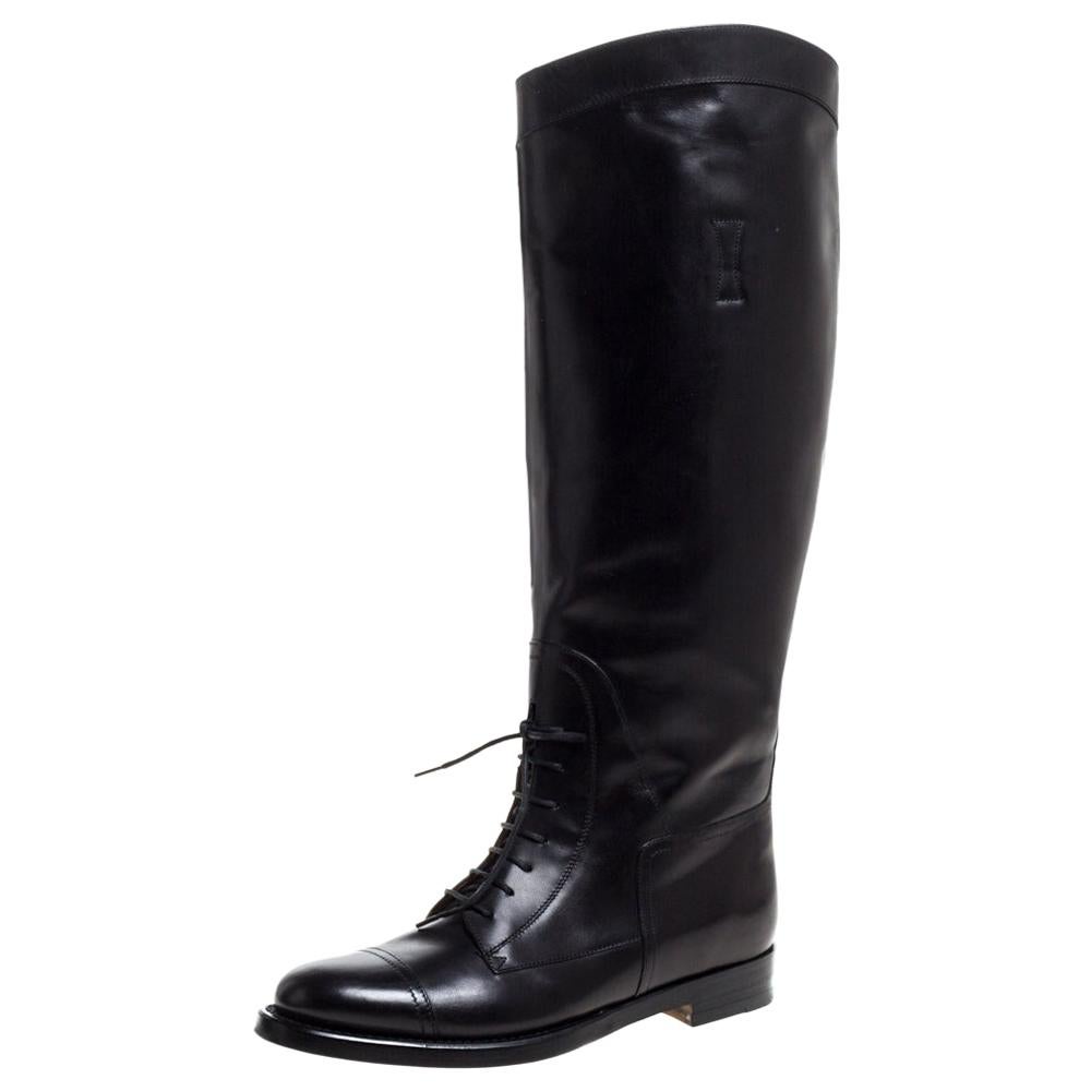 Gucci Black Leather Lace Up Detail 'Boulanger' Equestrian Knee Boots Size 38