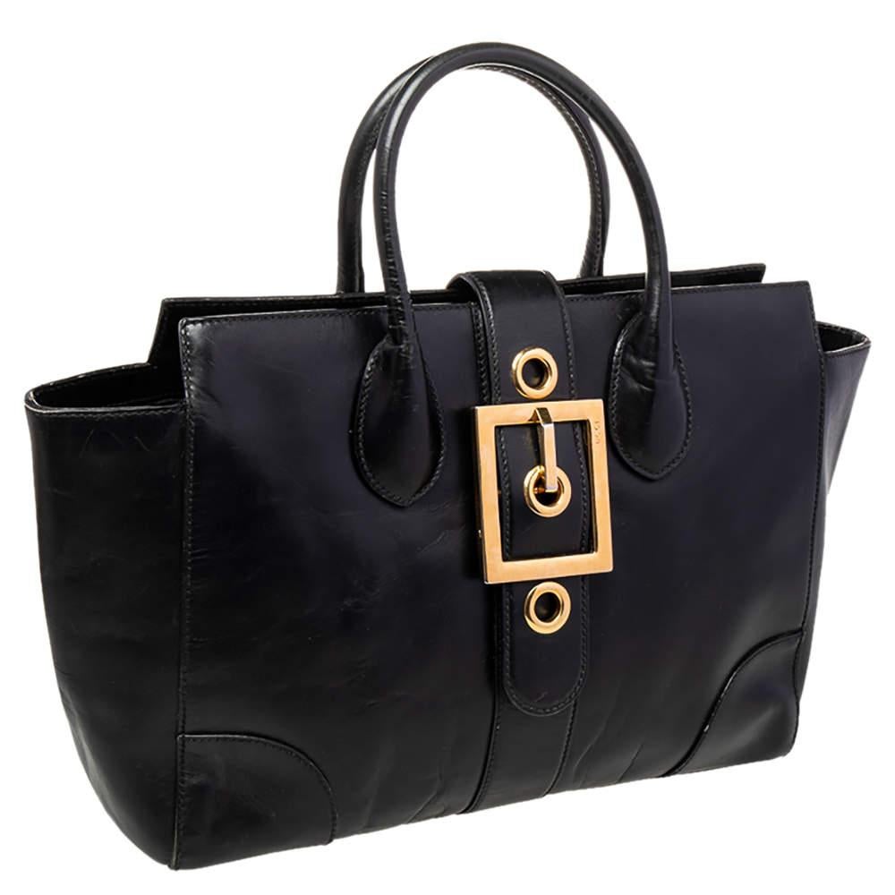 Women's Gucci Black Leather Lady Buckle Tote For Sale