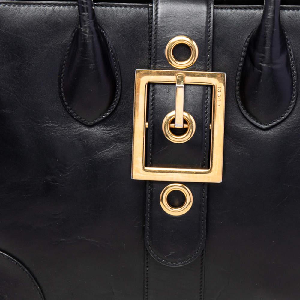 Gucci Black Leather Lady Buckle Tote For Sale 5