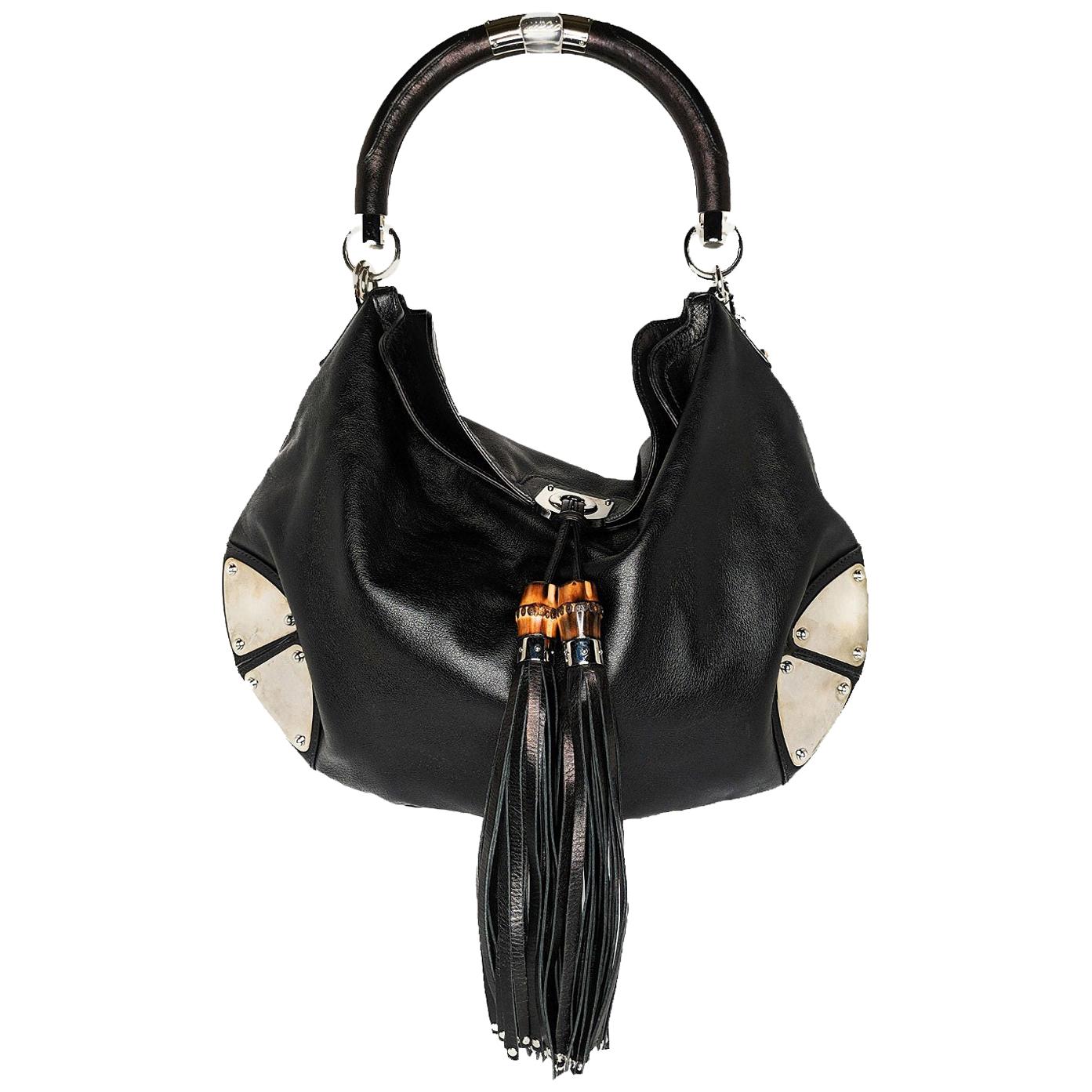 Gucci Black Leather Large Babouska Indy Top Handle Hobo Bag