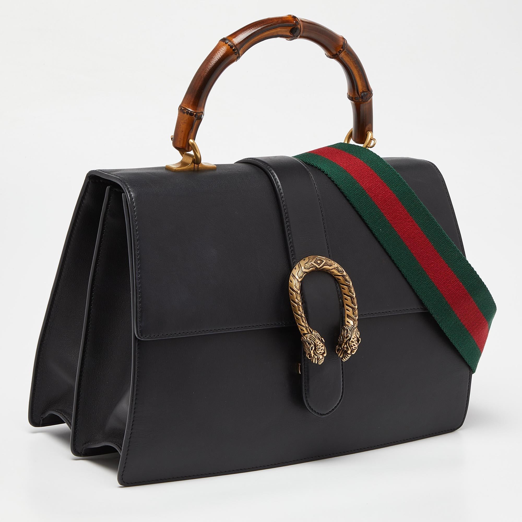 Gucci Black Leather Large Dionysus Bamboo Top Handle Bag In Good Condition In Dubai, Al Qouz 2