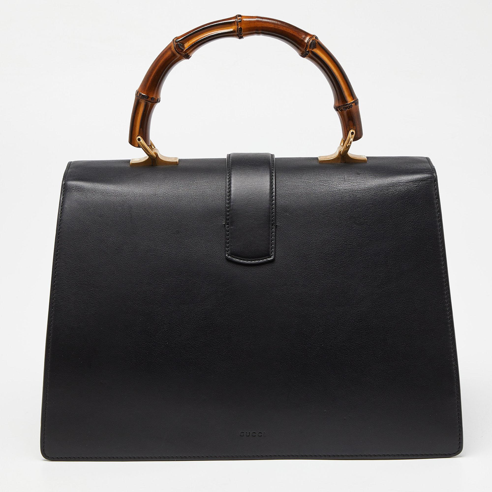 Women's Gucci Black Leather Large Dionysus Bamboo Top Handle Bag
