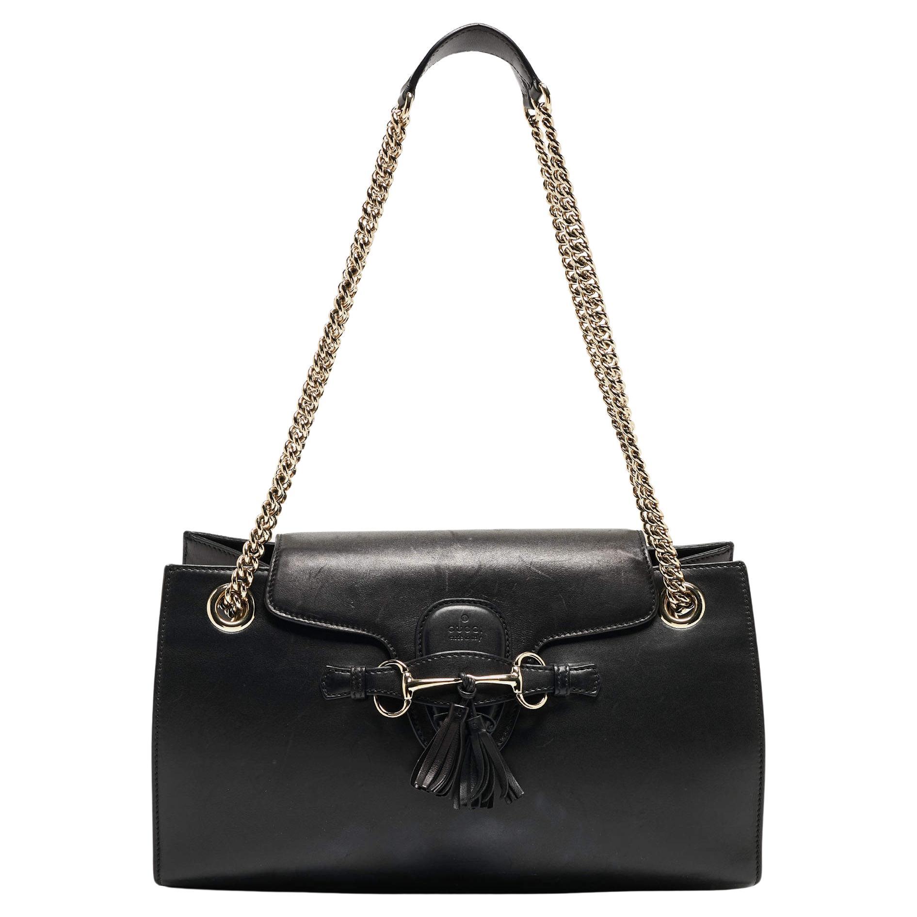 Gucci Black Leather Large Emily Chain Shoulder Bag For Sale