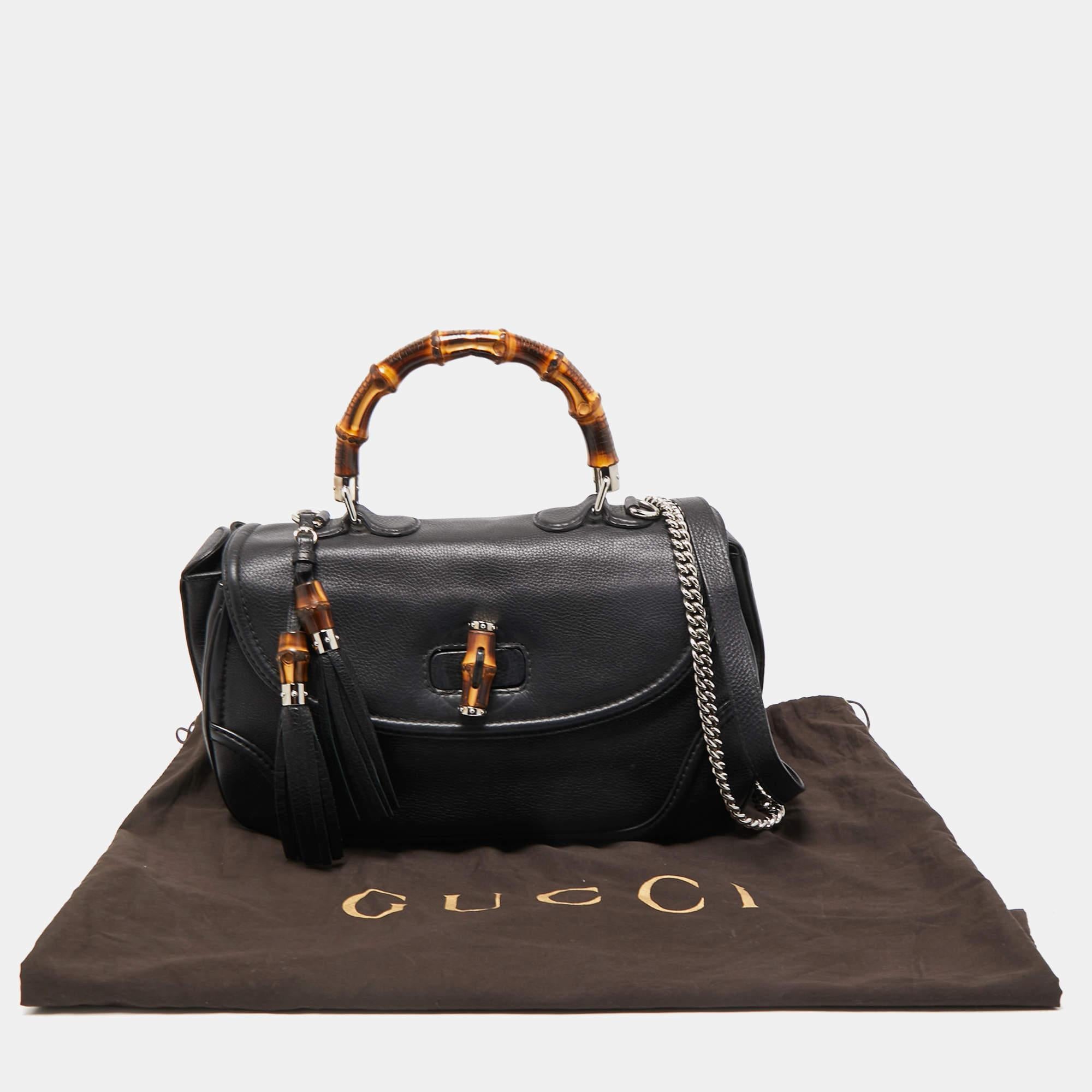 Gucci Black Leather Large New Bamboo Tassel Top Handle Bag 10