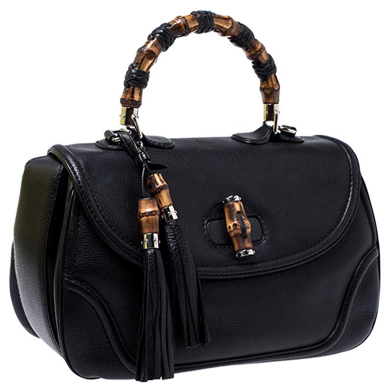 Women's Gucci Black Leather Large New Bamboo Tassel Top Handle bag