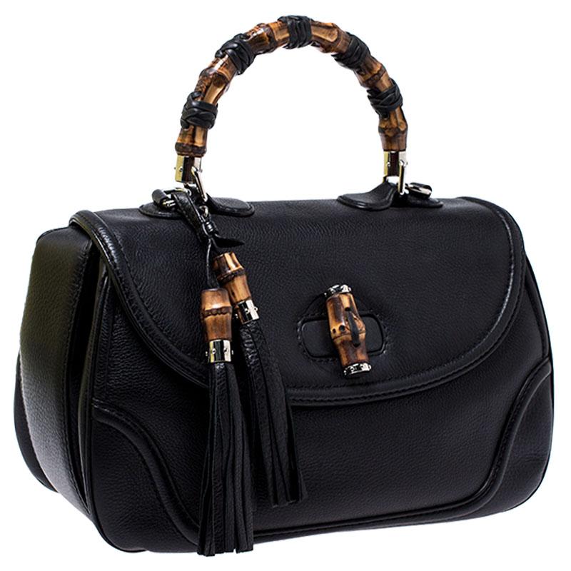 Women's Gucci Black Leather Large New Bamboo Tassel Top Handle Bag