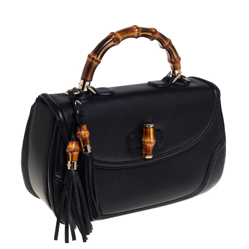 Women's Gucci Black Leather Large New Bamboo Tassel Top Handle Bag