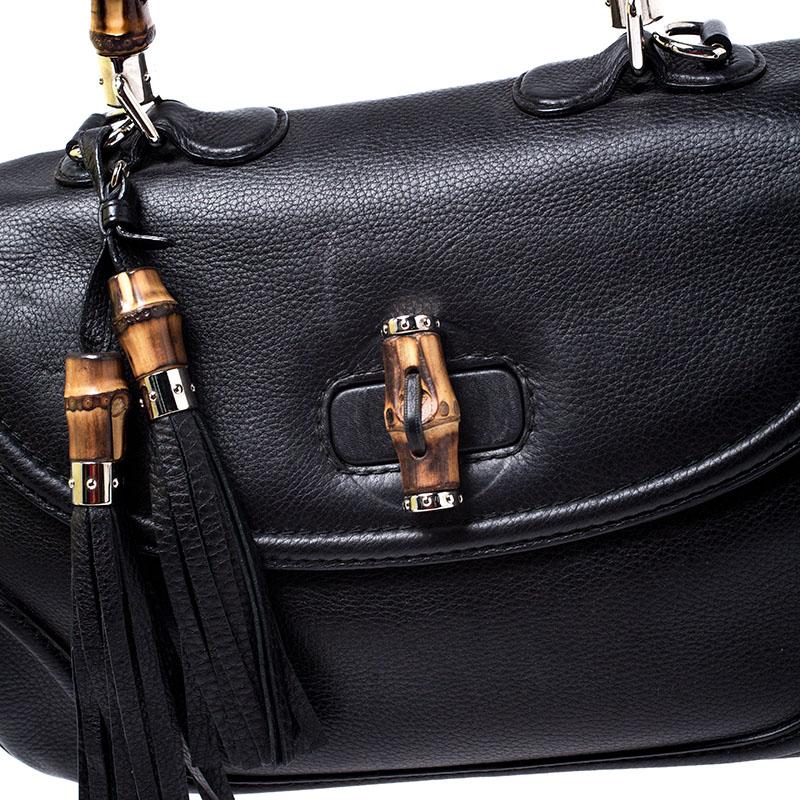 Gucci Black Leather Large New Bamboo Tassel Top Handle Bag 4