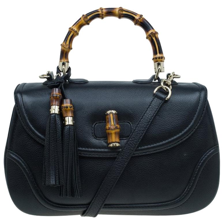 Gucci Black Leather Large New Bamboo Tassel Top Handle bag