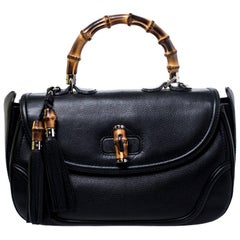 Gucci Black Leather Large New Bamboo Tassel Top Handle Bag