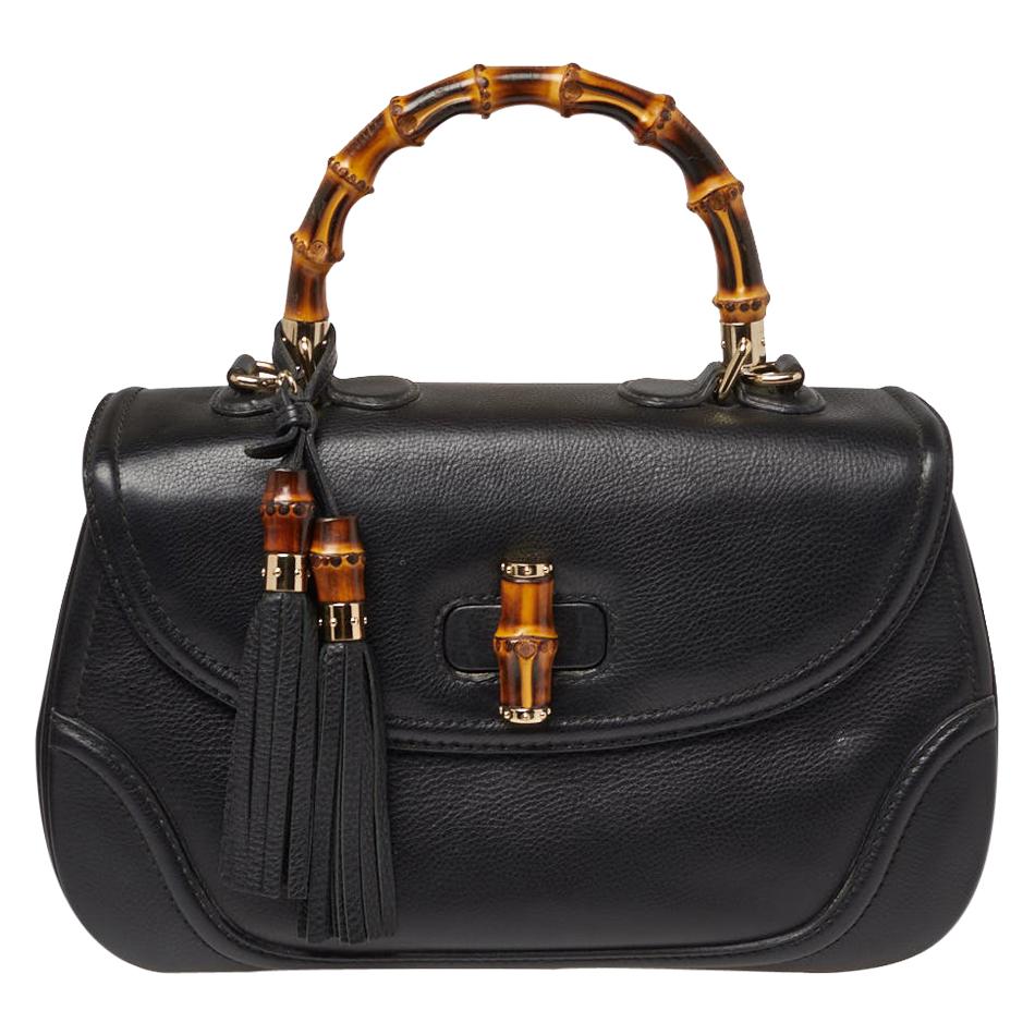 Gucci Black Leather Large New Bamboo Tassel Top Handle bag
