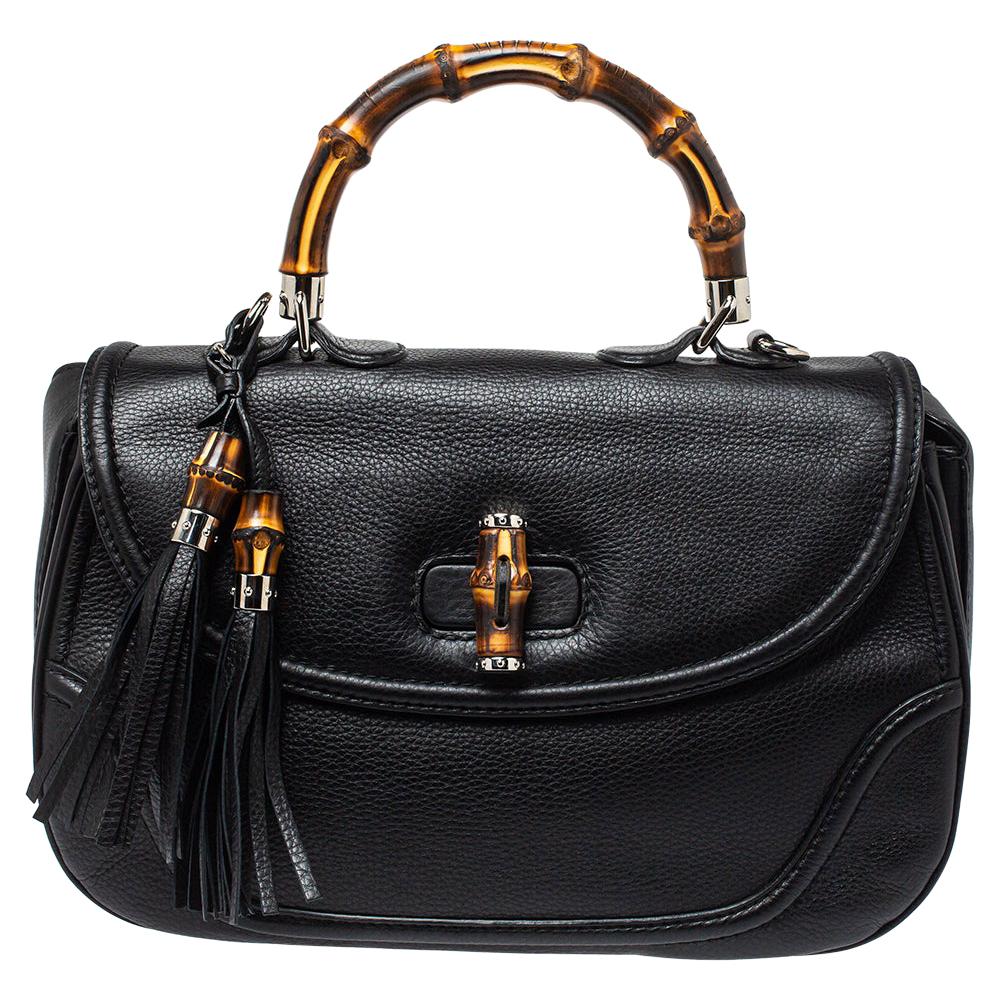 Gucci Black Leather Large New Bamboo Tassel Top Handle Bag