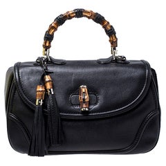 Gucci Black Leather Large New Bamboo Tassel Top Handle bag