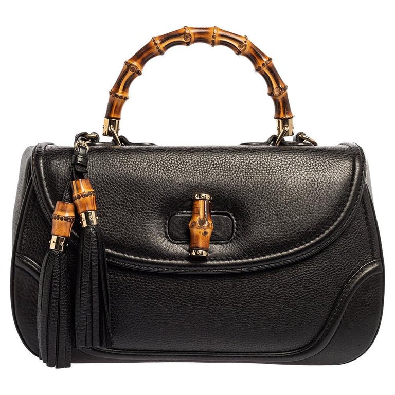 Vintage 00s Bamboo Handle Black Leather Handbag By Gucci