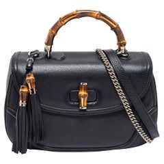 Gucci Black Leather Large New Bamboo Tassel Top Handle bag