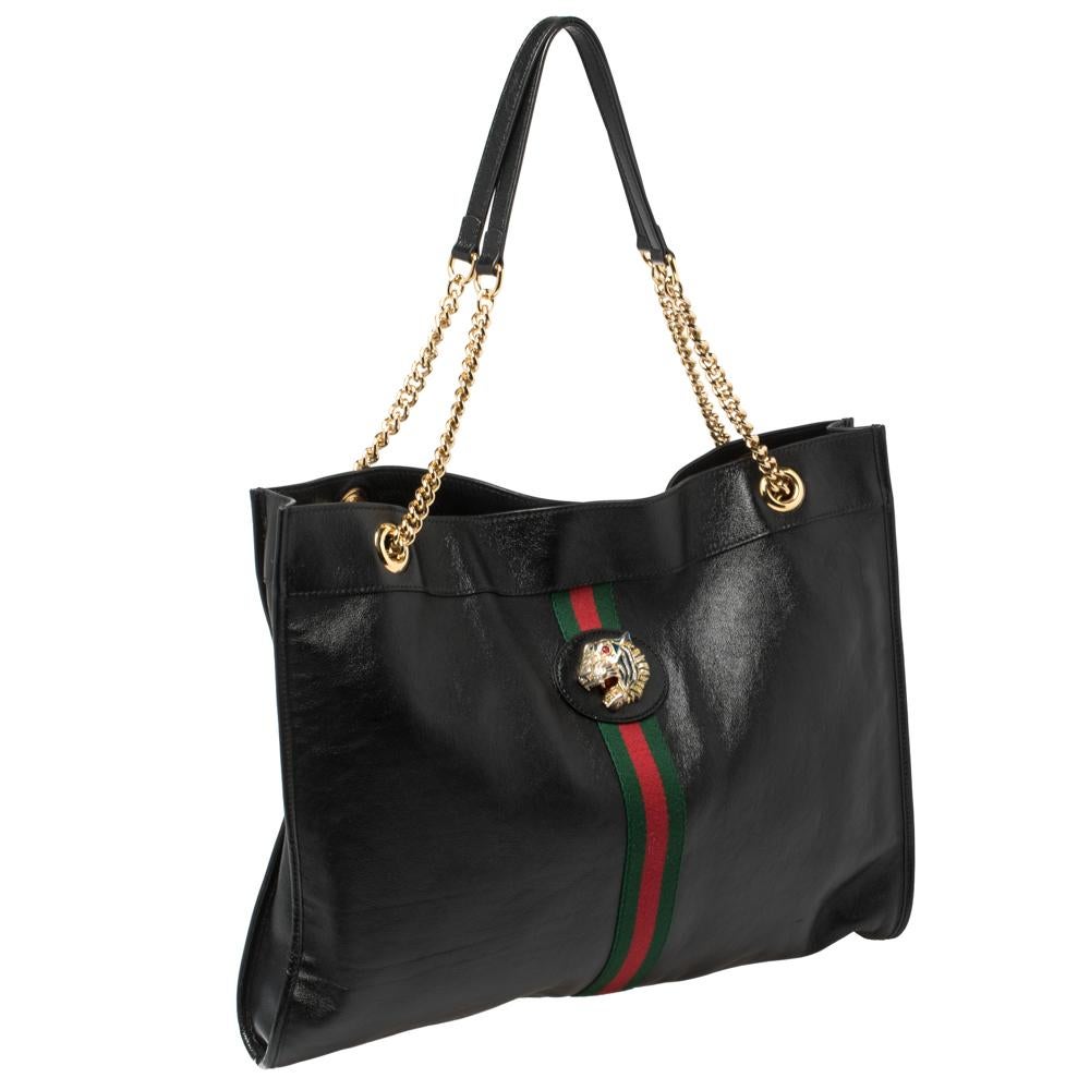 Women's Gucci Black Leather Large Rajah Chain Tote