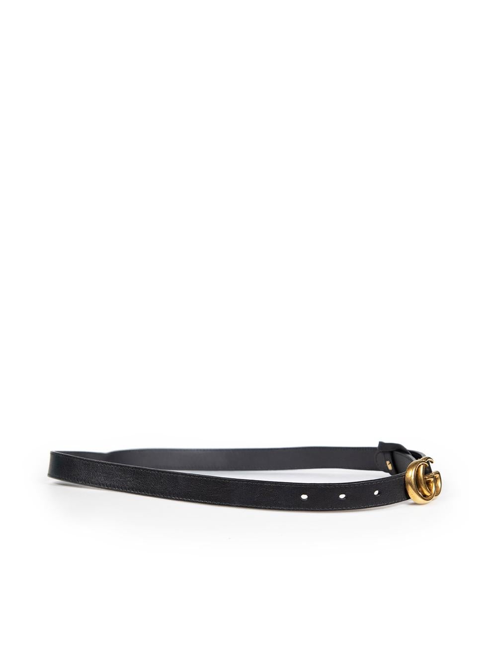 CONDITION is Very good. Hardly any visible wear to belt is evident on this used Gucci designer resale item.
 
 
 
 Details
 
 
 Black
 
 Leather
 
 Skinny belt
 
 Gold GG logo buckle
 
 
 
 
 
 Made in Italy
 
 
 
 Composition
 
 EXTERIOR: Leather

