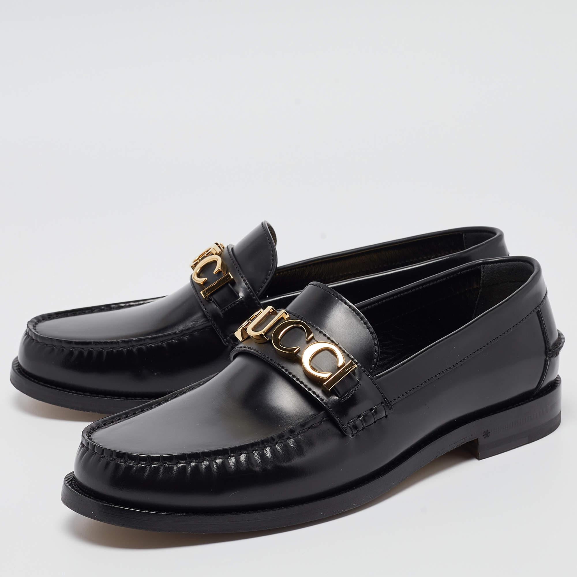 Gucci Black Leather Logo Embellished Cara Loafers Size 43.5 1