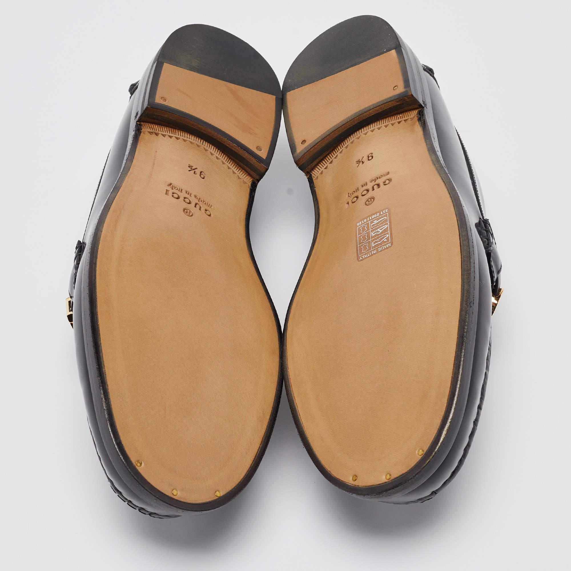 Gucci Black Leather Logo Embellished Cara Loafers Size 43.5 For Sale 3