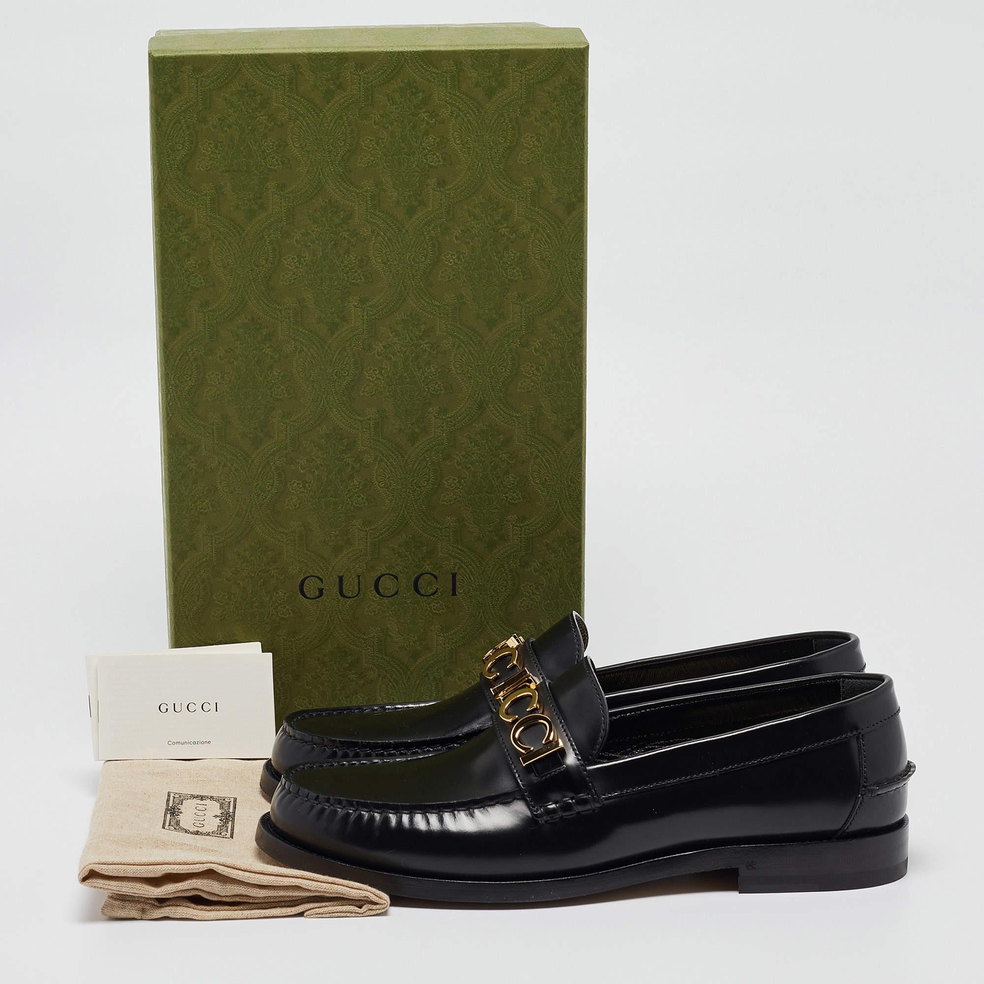 Gucci Black Leather Logo Embellished Cara Loafers Size 43.5 5