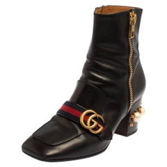 Gucci Black Leather Logo Pearl Embellished Ankle Boots Size 39.5