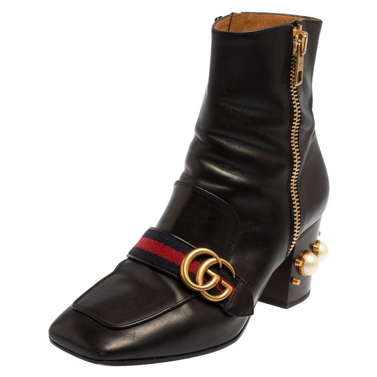 Gucci Black Leather Logo Pearl Embellished Ankle Boots Size 39.5 at 1stDibs  | gucci pearl boots