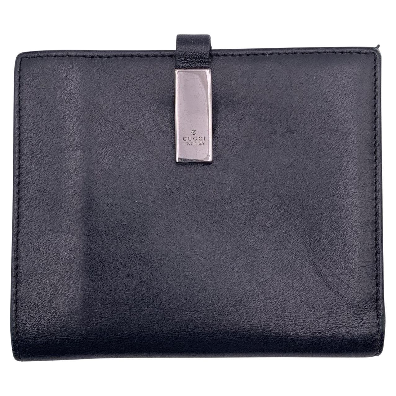 Gucci Black Leather Logo Plaque Snap Bifold Compact Wallet