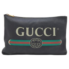 Used Gucci Black Leather Logo Print Zip Pouch