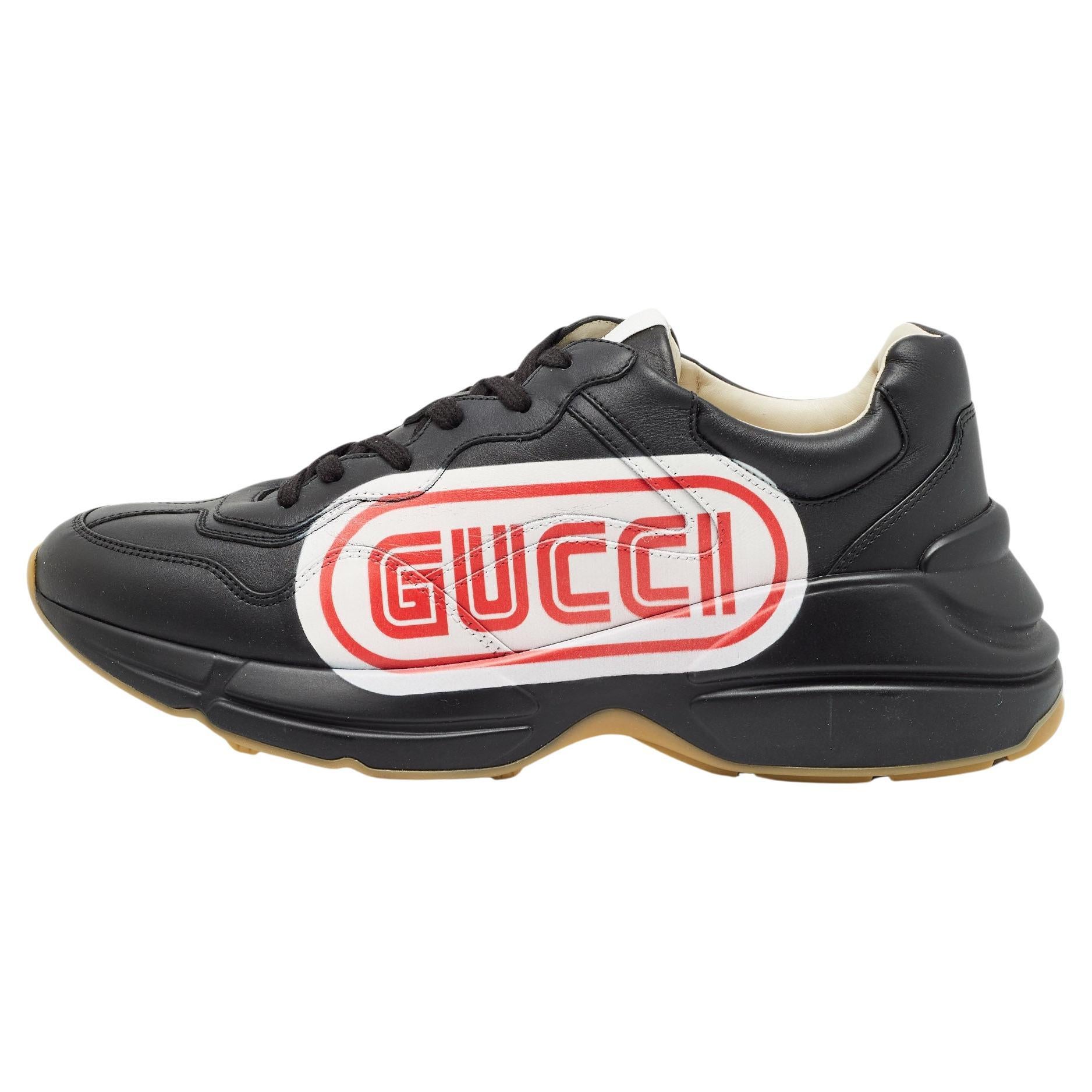 Gucci Black Leather Logo Rhyton Sneakers Size 41 For Sale