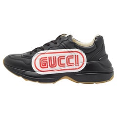 Used Gucci Black Leather Logo Rhyton Sneakers Size 41