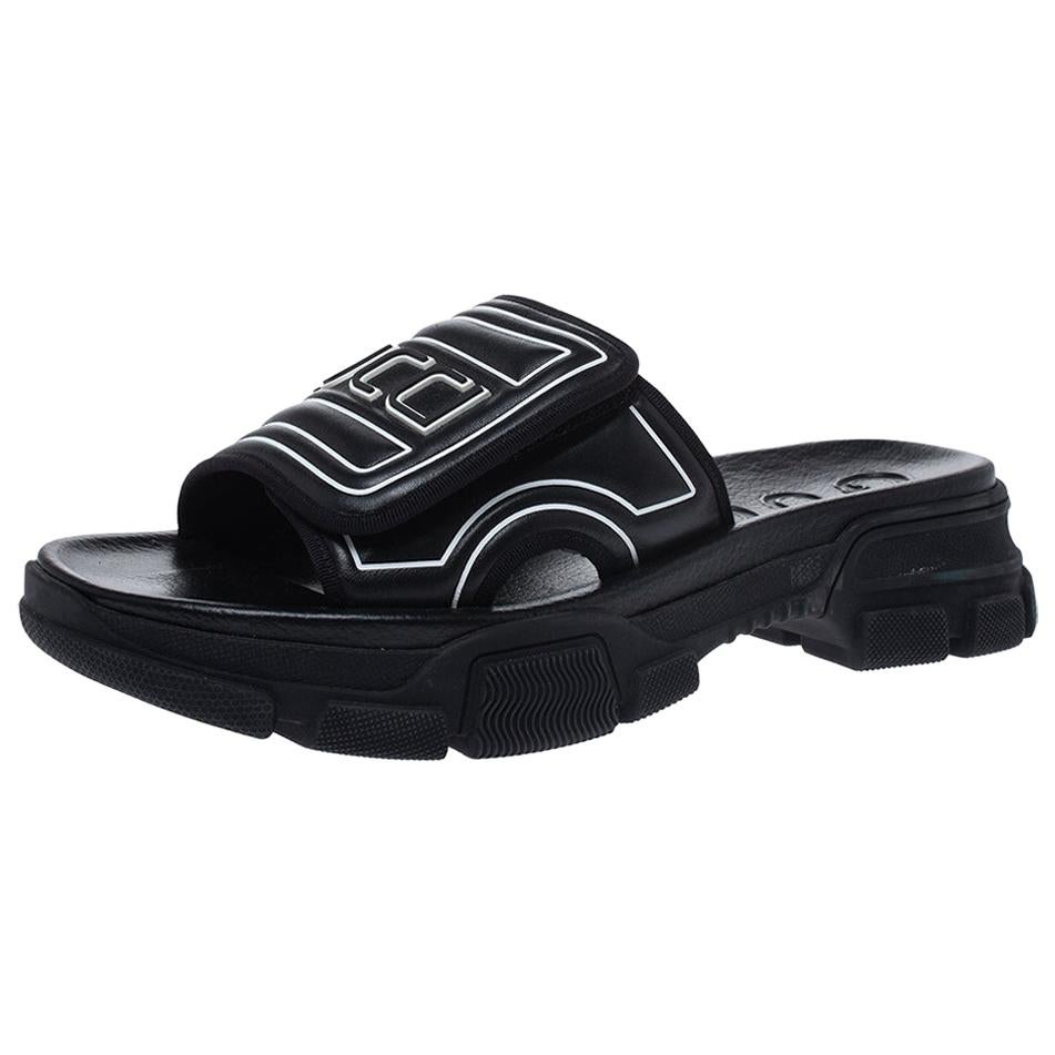 Gucci Black Leather Logo Slide Sandals Size 41
