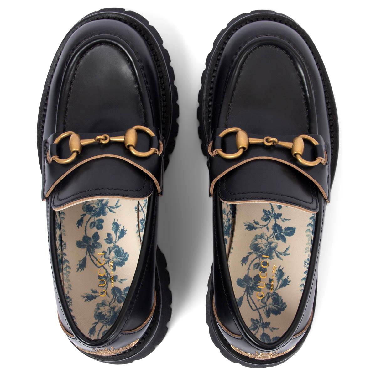 Women's GUCCI black leather LUG SOLE HORSEBIT Loafers Flats Shoes 35.5